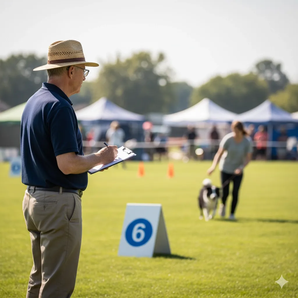 Giudice di gara che osserva un binomio durante una competizione di Rally Obedience.