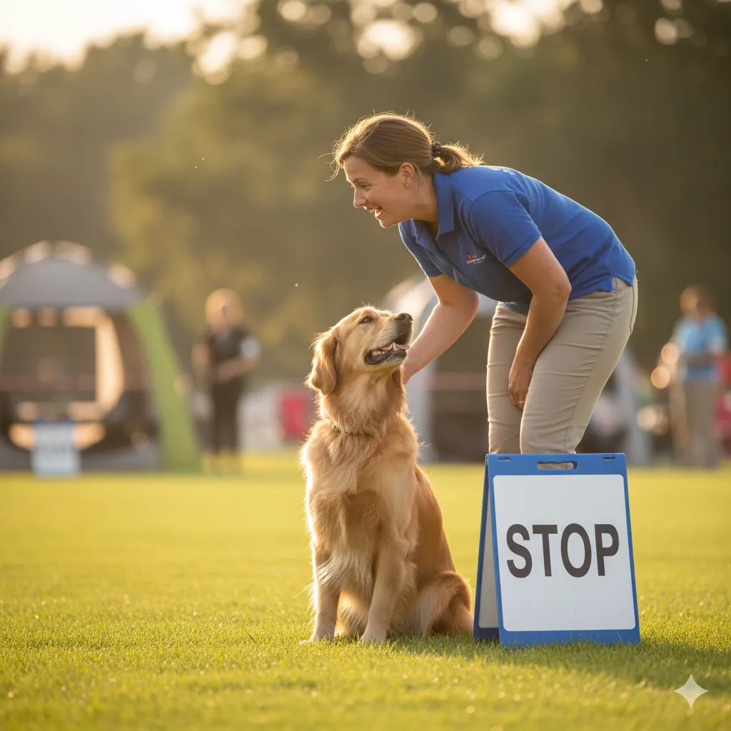 Conduttore che incoraggia verbalmente il proprio cane durante un esercizio di Rally Obedience, dimostrando l'importanza della comunicazione.
