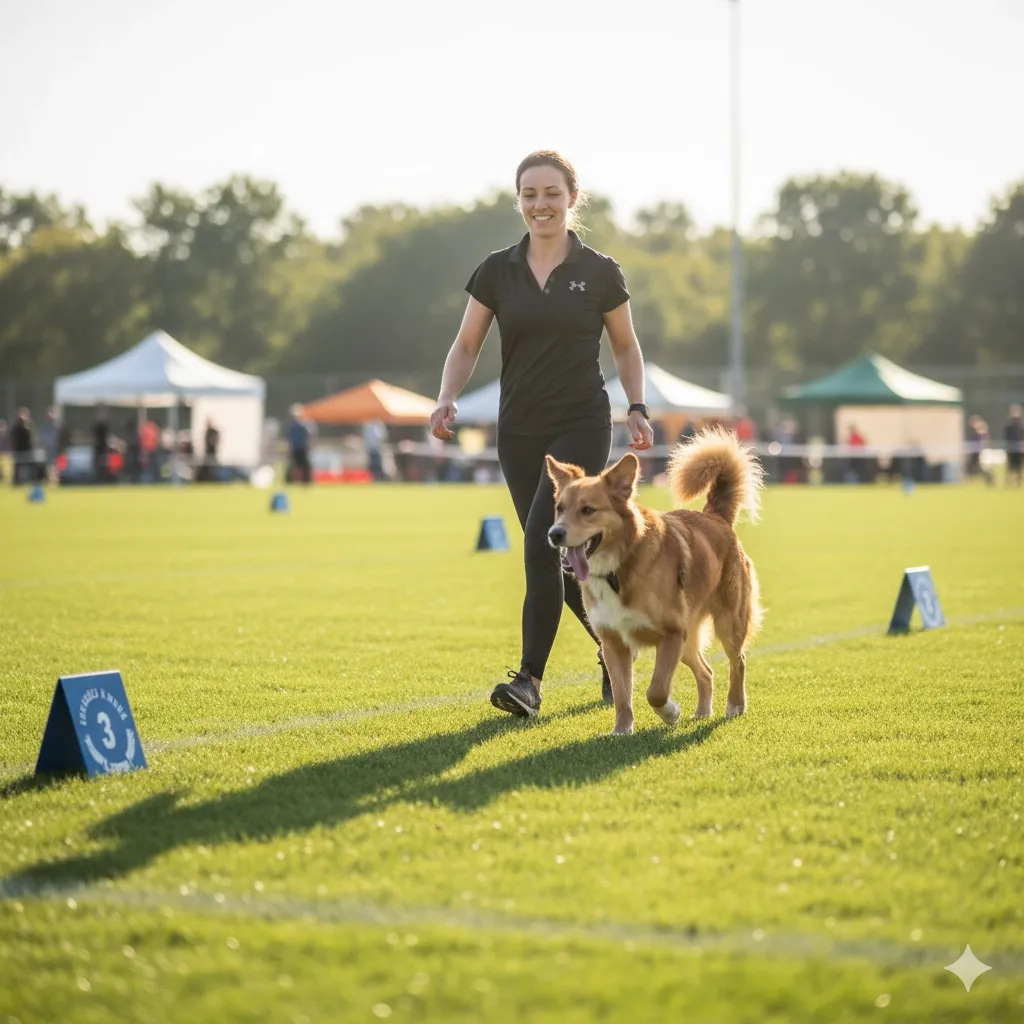 Un cane sorridente esegue un esercizio al fianco del conduttore, dimostrando lo spirito positivo della Rally Obedience.