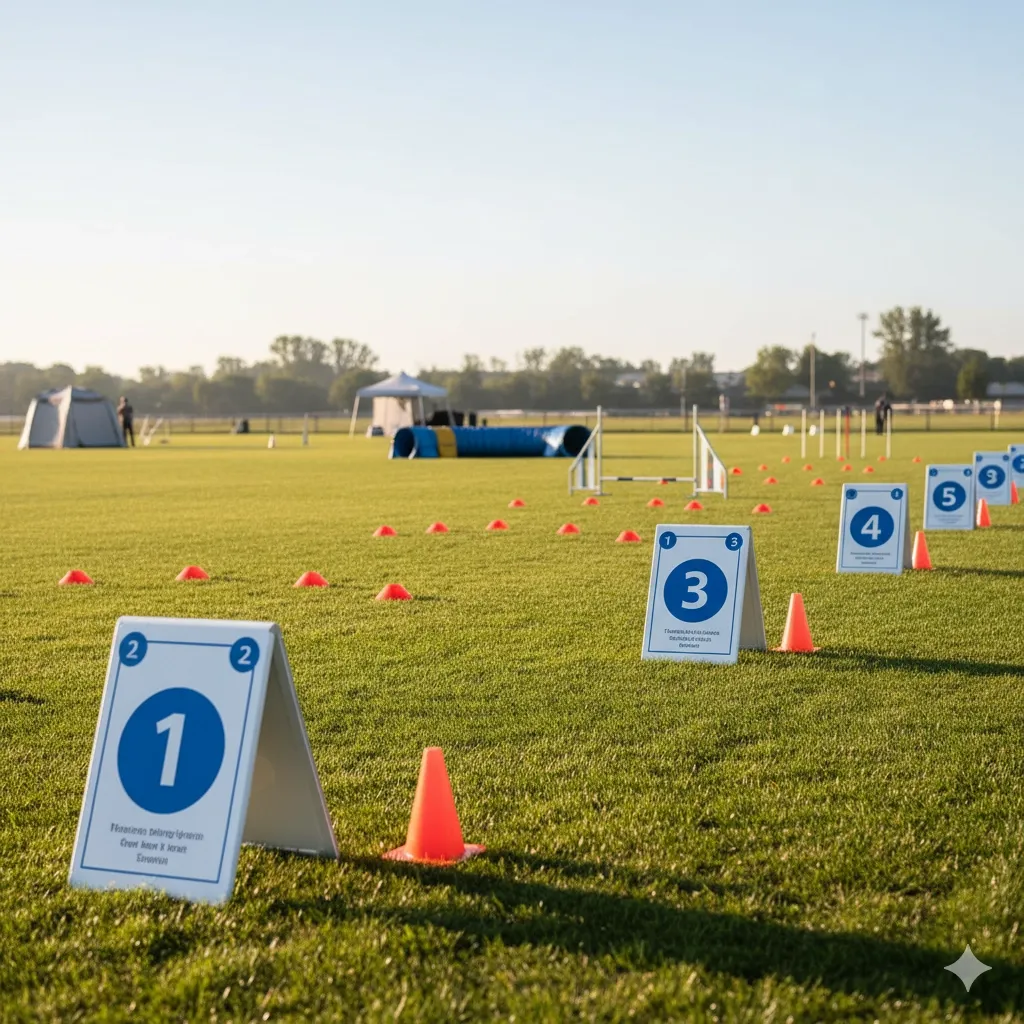 Campo di addestramento per Rally Obedience a Roma, con cartelli e spazio per l'allenamento.