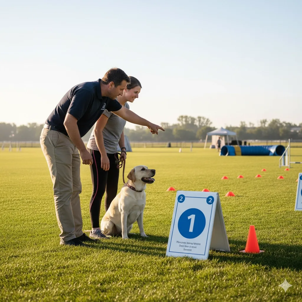Istruttore che guida un binomio in un campo di Rally Obedience a Roma.